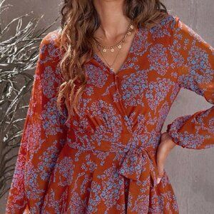 Women's Floral Flowy Mini Dress Deep V Neck, Balloon Sleeve, Tie Waist Size SM